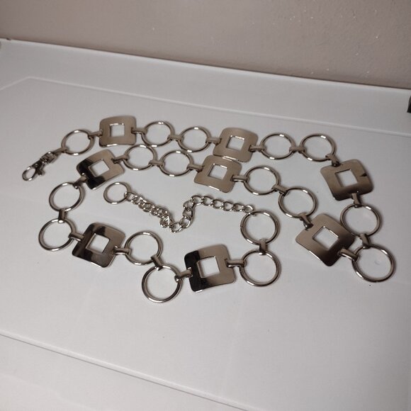 47 Inch Silver Tone Metal Belt With Circles And Squares - Picture 1 of 7